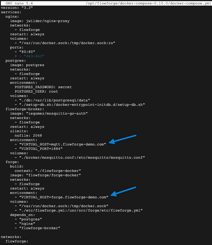 "Screenshot showing virtual hosts configuration in docker-compose.yml"