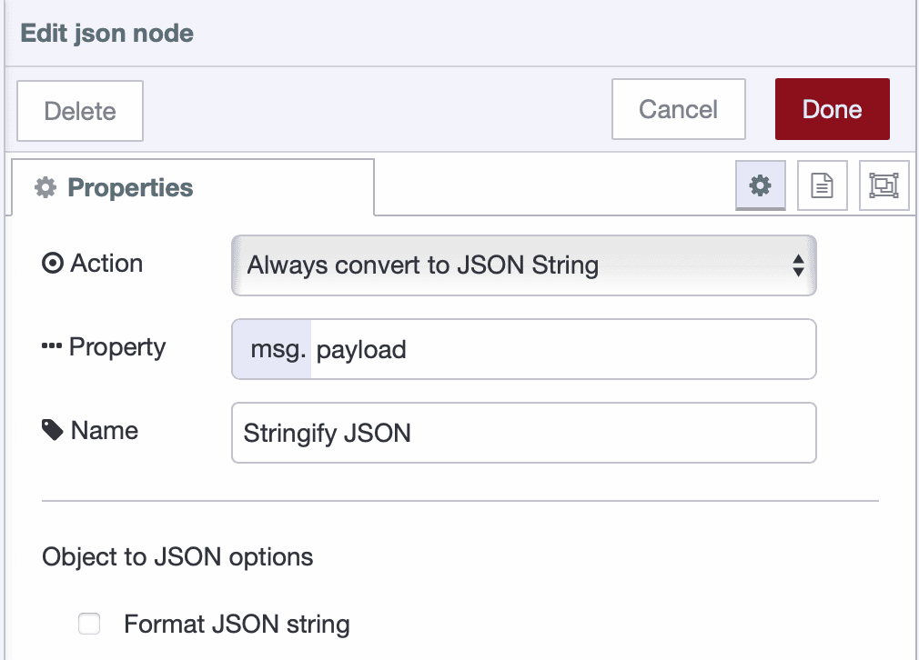 JSON node configured to stringify payload data for storage