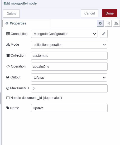 Screenshot displaying configuration of MongoDB 4 node for updating data "Screenshot displaying configuration of MongoDB 4 node for updating data"