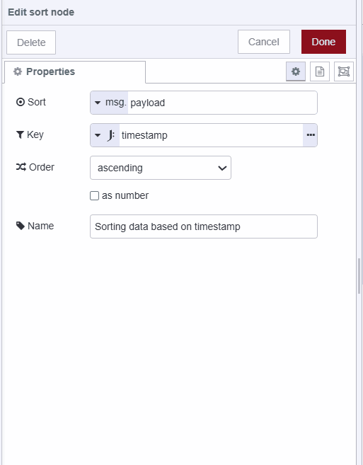Screenshot of sort node sorting data in ascending order based on timestamp "Screenshot of sort node sorting data in ascending order based on timestamp"